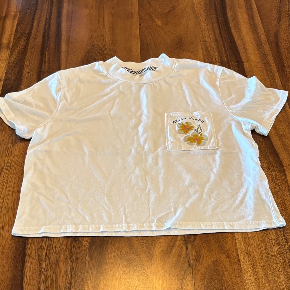 Volcom White Tee with Floral Pocket Design